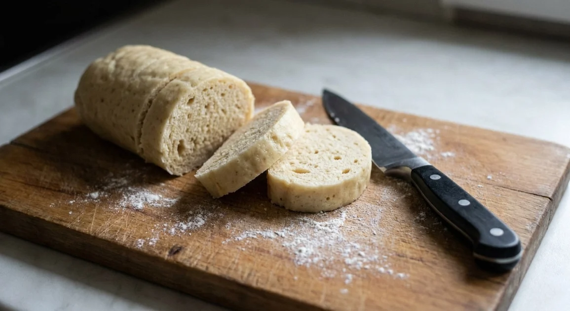A pale, cylindrical bread dumpling, partially sliced, sits on a wooden cutting board dusted with white flour next to a