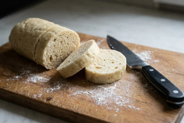 A pale, cylindrical bread dumpling, partially sliced, sits on a wooden cutting board dusted with white flour next to a