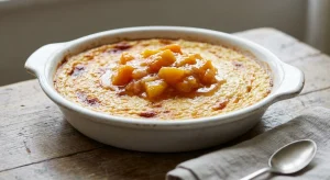 A white ceramic dish holds a golden-baked textured dessert topped with diced orange fruit in syrup. The dish rests on a