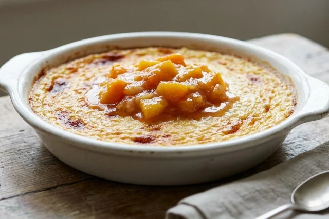 A white ceramic dish holds a golden-baked textured dessert topped with diced orange fruit in syrup. The dish rests on a